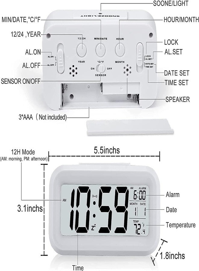 Lifera White Digital Table Desk Multifunction Alarm Clock [Battery Operated | LCD Backlit | Small Size | 12 Functions Include Temperature and Date]-Elegant Professional Clock. (Pack of 1) - Image 2